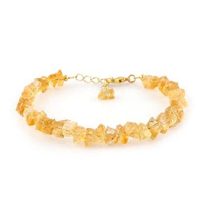 CRYSTALINES Natural Raw Yellow Citrine Gemstones Bracelet, Assorted Rough Stones, Healing Crystals, Handmade Hypoallergenic Jewelry for Women, November Birthstone, Gold Plated Chain 7+1inch