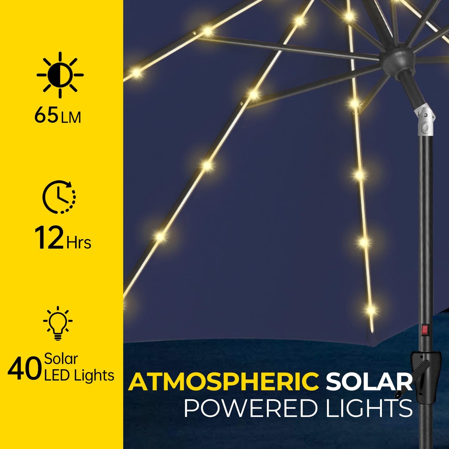 Tempera 10ft Patio LED Umbrella with light | Solar Outdoor Umbrella | Market Table Parasol with Push Button Tilt and Crank, with Sturdy Pole&Fade resistant canopy,Easy to set