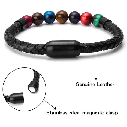 Ckysee 7 Color Tiger Eye Stone Healing Balancing Genuine Leather Beads Bracelet Magnetic Clasp Bracelet 8.5"