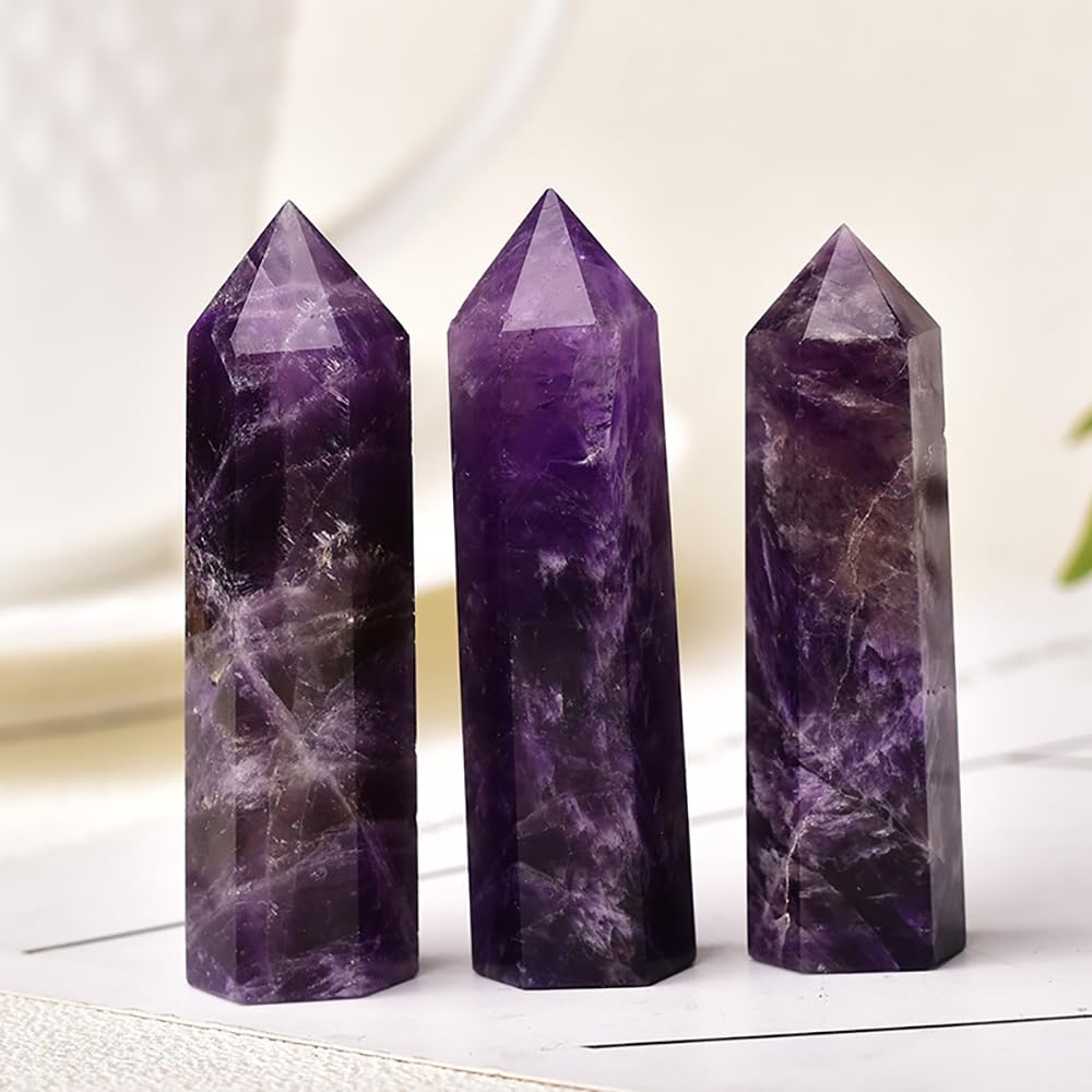 7PCS 2.2-2.6" Natural Crystals Tower Figurine Ornaments Polishing Rose Quartz Amethyst Stone Hexagonal Point Wand Obelisk Statue for Aquarium Decorative Rocks Gifts Home Decor(2.2inch/7pcs)