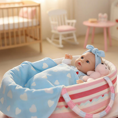 Uzoxlsn 12’’ Baby Doll with Cotton Carrier Bassinet, 15 Pcs Baby Doll Accessories Bedding, Feeding and Caring Set Magic Bottle Pacifier Diaper Blanket Pretend Play Game Gift for Girls Age 3+ Toddler