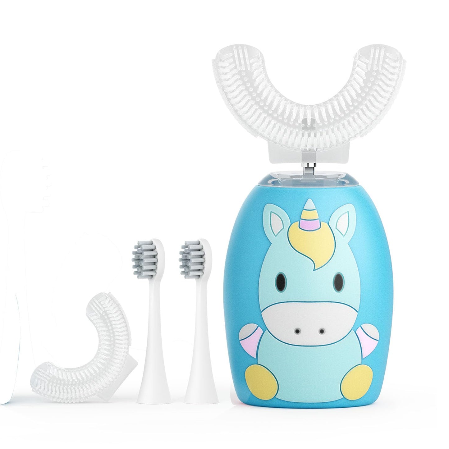 LHhuizou Kids U Shaped Electric Toothbrush 4 Brush Heads, Automatic Sonic Toothbrush Kids 2 Modes, Cartoon Design 360-Degree Cleaning IPX7 Waterproof