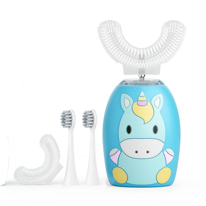 LHhuizou Kids U Shaped Electric Toothbrush 4 Brush Heads, Automatic Sonic Toothbrush Kids 2 Modes, Cartoon Design 360-Degree Cleaning IPX7 Waterproof