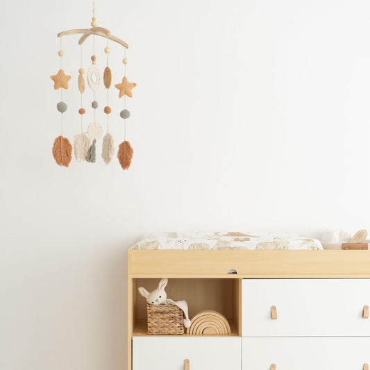 Crane Baby Willow Leaf Ceiling Hanging Decor - Handcrafted, Nursery Decoration, Whimsical Earthy Tones