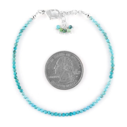 QNAVIC Real Shaded Blue Turquoise Gemstone Micro Round Beads Dainty Bangle Bracelet Jewelry for Women Healing Chakra Crystals December Birthstone Gifts Silver Plated Chain 8 inch
