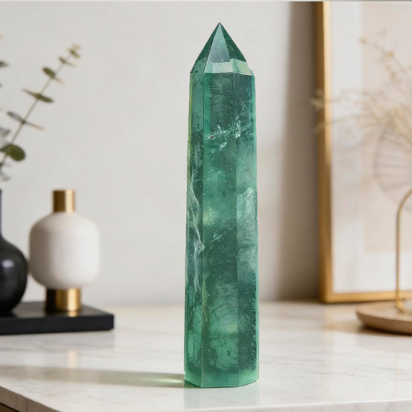 5.8-6.2 Inch Natural Green Fluorite Crystal Point 2Pcs Set, Single Terminated Hexagonal Prism Stone, Energy Protection Spiritual Awakening Crystal, Reiki Meditation Home Decor Ornament Gift
