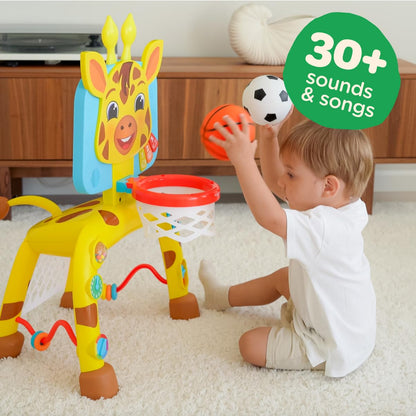 Move2Play, Giraffe Basketball Hoop & Soccer Goal Activity Center | 30+ Sounds & Songs + 5 Lights | 1 2 3 Year Old Birthday Gift for Boys and Girls | Toy for Baby & Toddlers (Yellow)