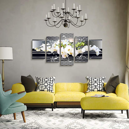 5 Piece Wall decor Canvas art for living room Picture Butterfly Orchid Flowers Contemporary Black White Abstract prints Modern Home bedroom Wall decorations inspirational wall art posters artwork