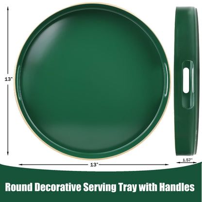 Omuriko Green Round Decorative Tray with Handles, 13" Versatile Serving Tray for Coffee Table, Ottoman, Ideal for Serving, Displaying, Organizing