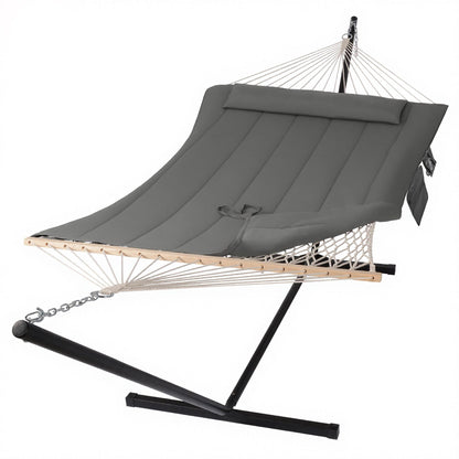 SUNCREAT Double Outdoor Hammock with Stand, Two Person Cotton Rope Hammock with Polyester Pad, Dark Gray