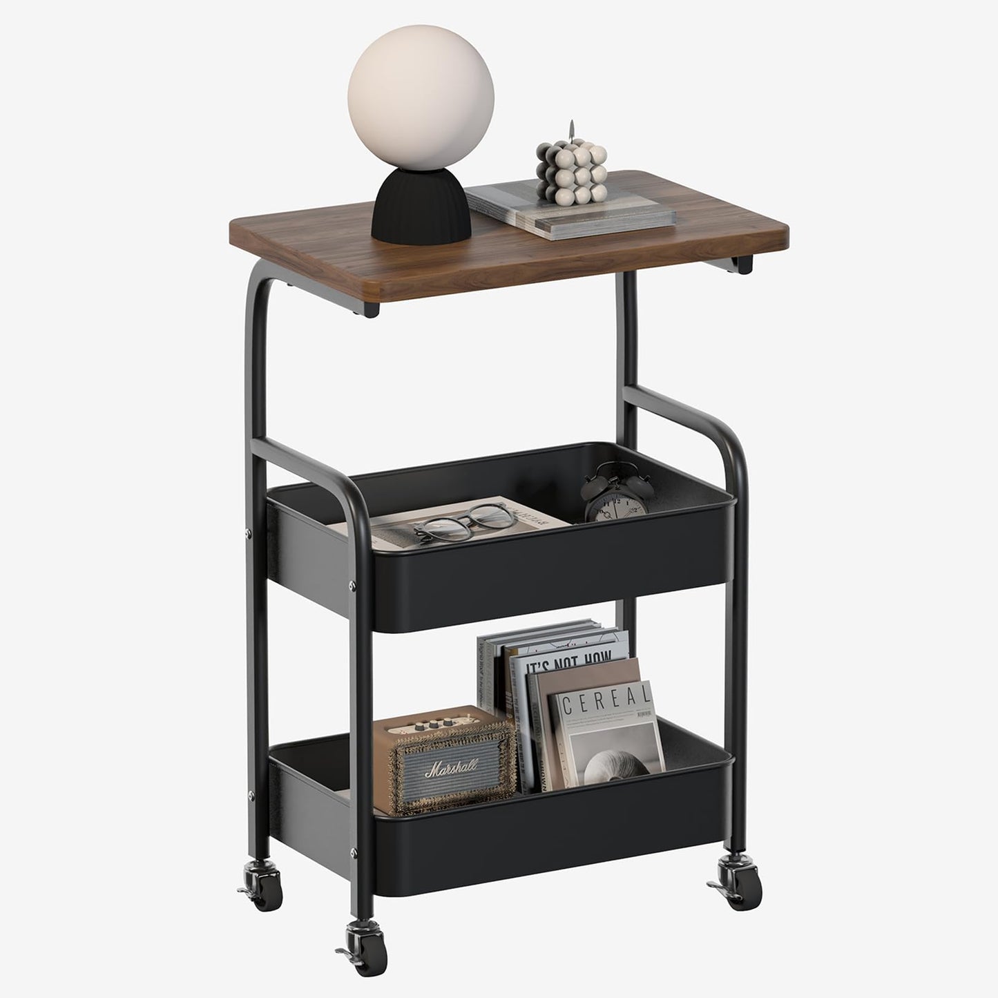 ULIKEUS Rolling Cart with Wooden Tabletop 3-Tier Metal Utility Rolling Cart Storage Organizer with Lockable Wheels for Kitchen, Office, Bedroom