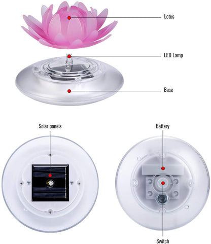 Larekook 2 Pack Solar Lotus Pond Lights, Floating Color Changing Lotus Flower Pool Lights Led Waterproof Outdoor Swimming Pool Pond Submersible Lights