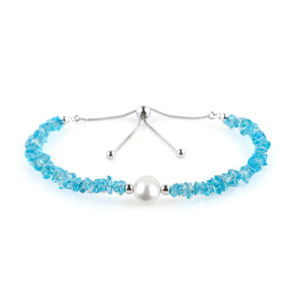 CRYSTALIS Natural Swiss-Blue-Topaz Beads Slider Bolo Bracelet with Elegant Pearl, Uncut Chips Nuggets Crystals, Chakra Healing Gemstone, Women Jewelry, 925 Sterling Silver Slider 10 inch