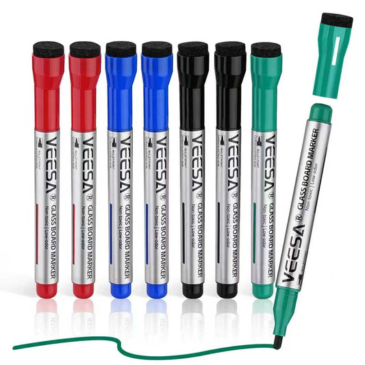 Glass Board Dry Erase Markers, Bullet Tip, 8 Pack with Magnetic Eraser Caps, 4 Assorted Colors, Designed for Glass Board, Bold Color