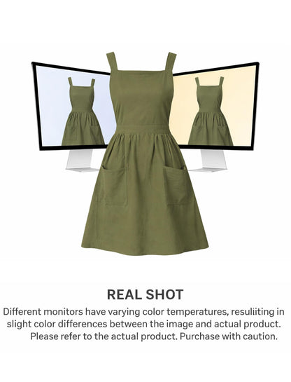 Pinknoke Cotton Linen Pinafore Apron Dress for Women with Pockets Cute Art Chef Aprons for Kitchen Baking Gardening Painting (Olive Green)