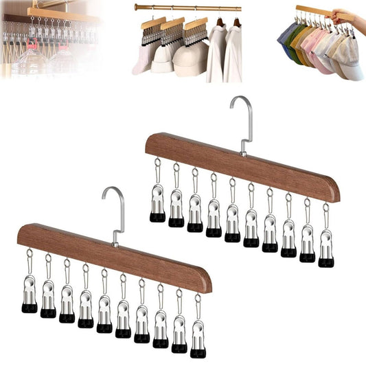 Closet Organizer with 10 Clips, 2PCS Space Saving Hanging Closet Organizer, Space-Saving Hat Scarf Clothespins for Jeans Skirts Socks Leggings Wooden Pant Hangers with Clips(Vintage)
