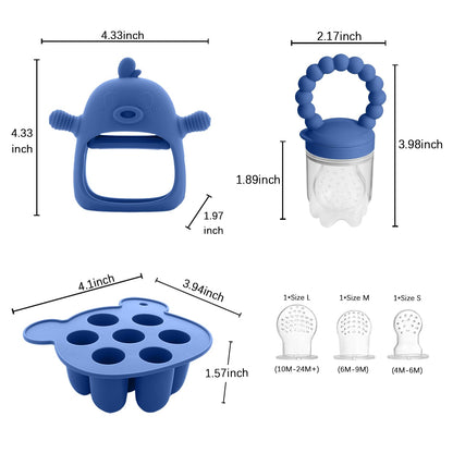 Gedebey 3-in-1 Baby Food & Fruit Feeder Set – Breastmilk Popsicle Mold with Freezer Tray, Teething Relief Toy, BPA Free Infant Silicone Feeding Combo, 3 Bonus Sizes (S/M/L) Sacs (Steel Blue)