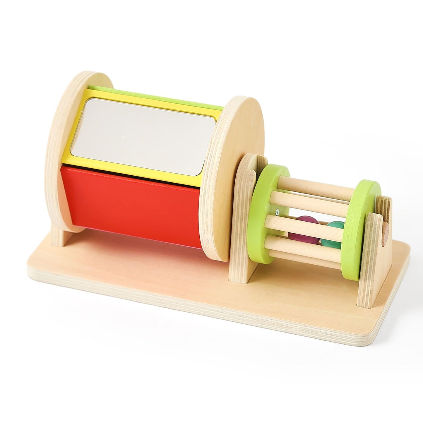 IEATFO 2-in-1 Montessori Baby Toys | Wooden Spinning Drum & Rolling Rattle Combo for 3 6 12 Months | Sensory Development Toys with Mirror, Bells & Tummy Time Play | ASTM Certified Gift (Girl/Boy)