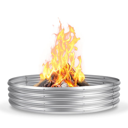 48 Inch Fire Pit Ring for Outside, 4FT Diameter Wood Burning Fire Ring, Large Round Galvanized Steel Fire Pit, Metal Outdoor Fireplace for Backyard, Patio, Camping, Bonfire (Silver)