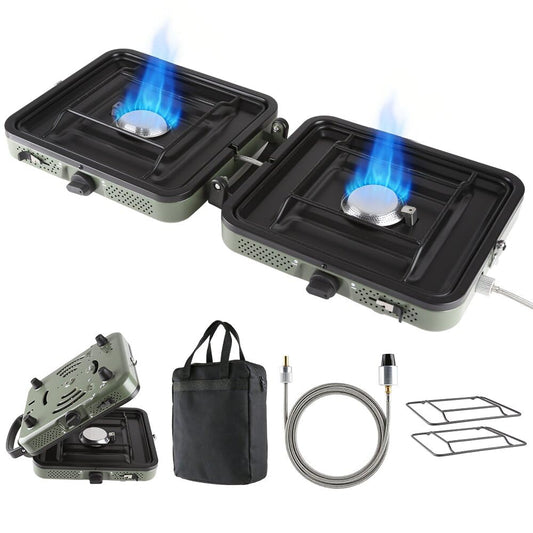 FGY 2 Burner Portable Gas Stove, 17,200 BTU Portable Folding Camp Stove,Dual gas stove with portable handle and Carrying Bag,Adjustment Burner & Piezo Ignition for Camp Cooking,Outdoor (Green）