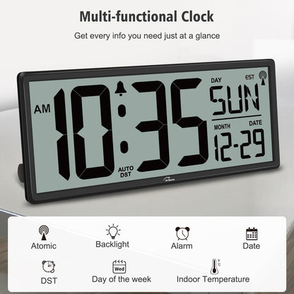 WallarGe 14.5'' Atomic Clock with Backlight, Large Digital Wall Clock Battery Operated, Large Display with Temperature and Date, Easy to Read and Set Digital Wall Clock, Auto DST