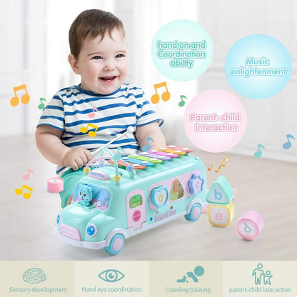 5-in-1 Baby School Bus Xylophone Toys for 1 Year Old Girl Gifts, Educational Baby Toy 6-12-18 Month, 1st Birthday Gril Gift, Toddlers Montessori Musical Baby Bus with Shape Sorter & Knock Hammer