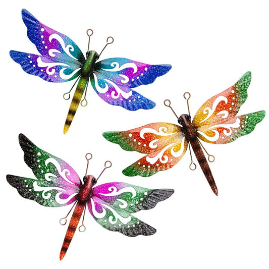 dreamskip Metal Dragonfly Wall Decor, 3 Pack Colorful Dragonfly Outdoor Decor, Metal Outdoor Wall Art for Garden, Patio, Yard, Fence, Outside