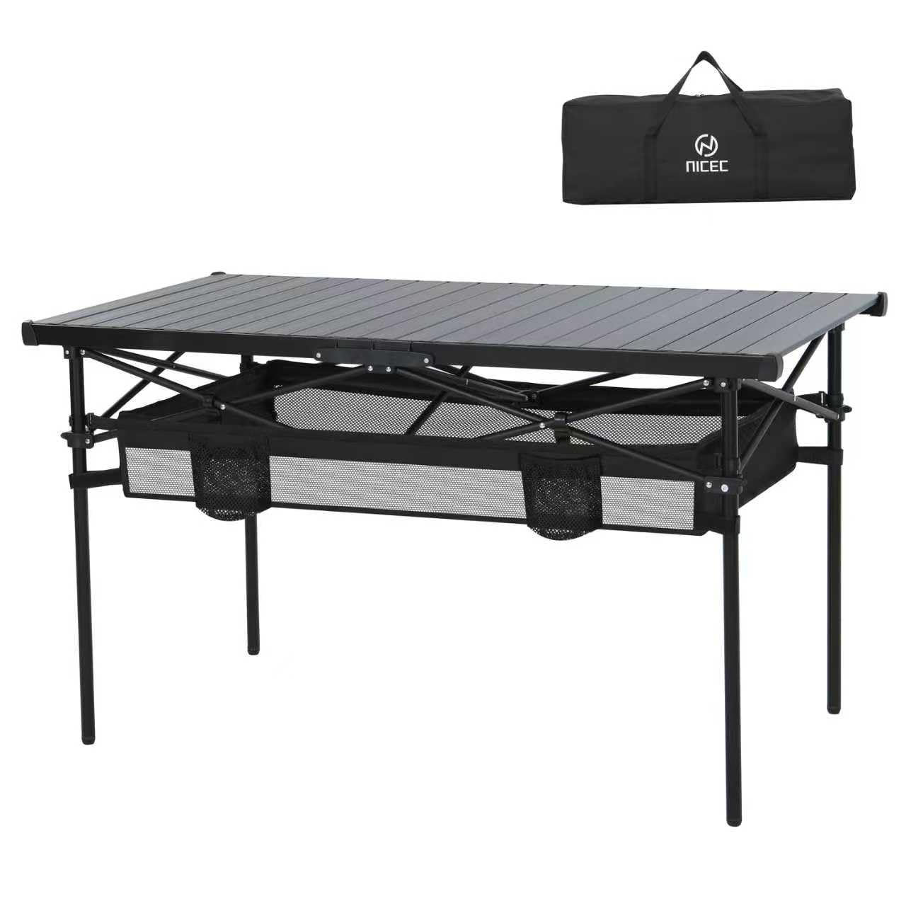 Nice C Portable Folding Camping Table, Aluminum Lightweight Roll-up Top Indoor&Outdoor Collapsible Table, with Mesh Net, Cup Holder, Carry Bag, Steel Frame, for Camping, Sports, BBQ, Picnic (Black)