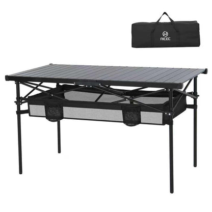 Nice C Portable Folding Camping Table, Aluminum Lightweight Roll-up Top Indoor&Outdoor Collapsible Table, with Mesh Net, Cup Holder, Carry Bag, Steel Frame, for Camping, Sports, BBQ, Picnic (Black)
