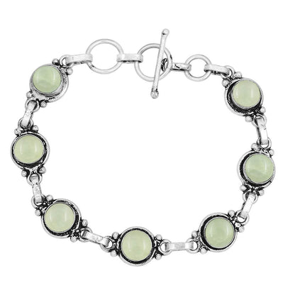 Natural Prehnite 925 Silver Plated Handmade Link Bracelet for Women - Round Gemstones Vintage Style Adjustable Bracelet Women Jewelry Gifts for Wedding Christmas Valentine's Day