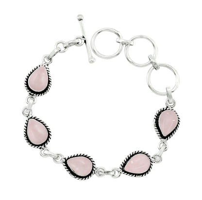 Natural Rose Quartz Silver Plated Link Bracelet for Women - Pink Stone January Birthstone Handmade Vintage Style Adjustable Jewelry Bracelet - Wedding Gifts for Her