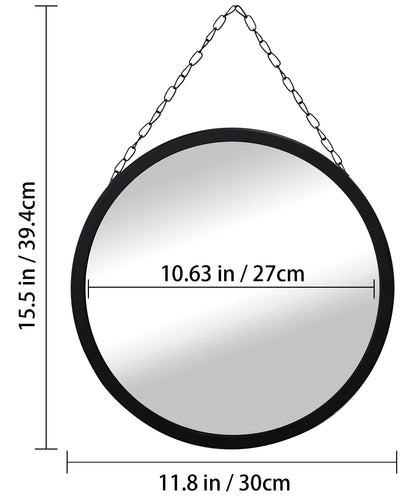 SANY DAYO HOME 12 inch Real Glass Black Round Mirror with Chain, Metal Framed Small Wall Hanging Circle Bathroom Shower Mirror for Home, Office, Door, Locker