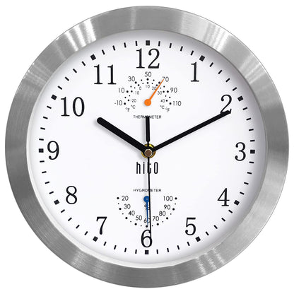 HITO 10 Inch Silent Wall Clock Battery Operated Non Ticking Glass Cover Silver Aluminum Frame, for Kitchen, Bedroom, Home Office, Living Room Decor (White)