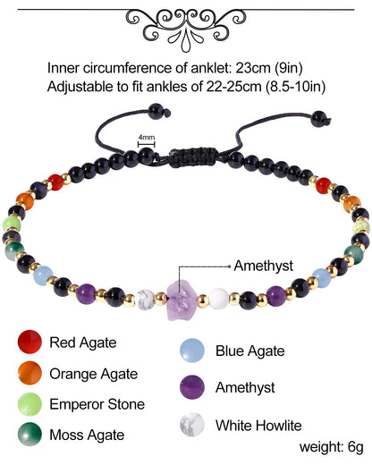 Xfoxstal 7 Chakra Beaded Anklet Summer Beach Black Agate Amethyst Raw Stone Ankle Bracelets for Women Spiritual Crystals Energy Yoga Meditation Gifts