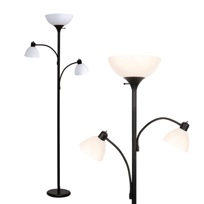 Brightech Sky Dome Double LED Floor Lamp, Torchiere Super Bright Floor Lamp with 2 Reading Lamps for Living Rooms & Offices - Dimmable Tall Standing Lamp for Bedroom Reading - Tall Black Pole