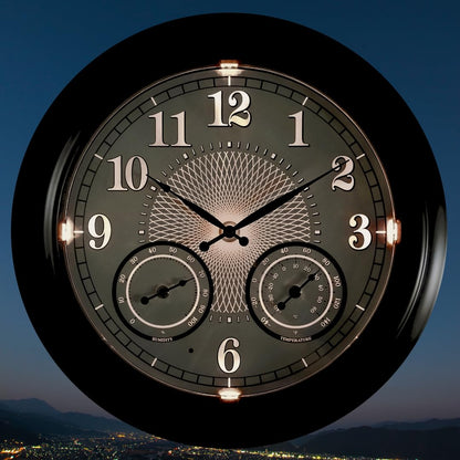 Illuminated Large Outdoor Clock - 18 inch Indoor Outdoor Night Light Wall Clock with Smart LED Sensor, Temperature and Humidity Combo - Weatherproof & Easy to Read for Pool, Patio & Home Decor