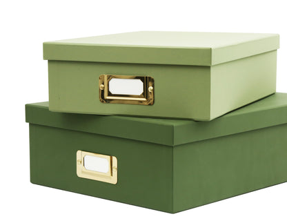 MIZFRUZZY 2-Piece Decorative Storage Boxes, Sophisticated Dual-green Palette, Paperboard Stackable with Gold Label Holders for Home Office Organization, Home Decor, Photos, Files and Keepsake Box
