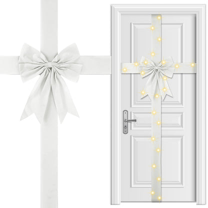 Spiareal Large Christmas Front Door Ribbon Bow with LED 14.1ft Velvet Christmas Cabinet Glowing Bows Decorations Xmas Tree Decor Festival Wrapping Decorations for Fireplace Home Front Door(White)