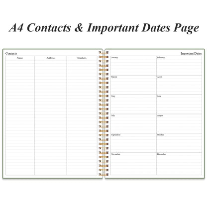Daily Planner Undated - A4 To Do List Notebook Hourly Schedules, Spiral Appointment Planner for Women and Men,PVC Hardcover, Inner Pocket, Elastic Closure, 8.5" x 11", Green