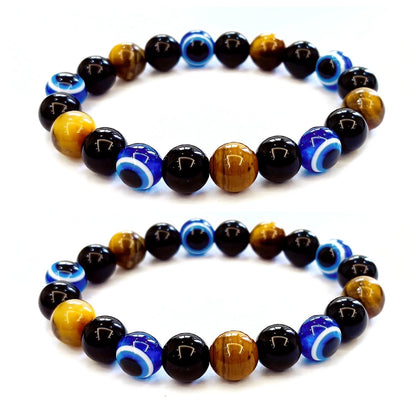 WEFRIN Triple Protection Bracelet for Bring Luck and Prosperity Hematite Black Obsidian Tiger Eye Stone Bracelets for Men Women, Beaded Buddha Healing Rope Uni Bracelet (2pcs) (I)