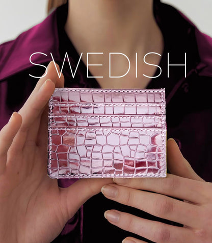 SWEDEY Super Shiny Slim Credit Card Holder Mini Front Pocket Wallet in Mirror Metallic Faux Crocodile pattern (Metalic Pink)