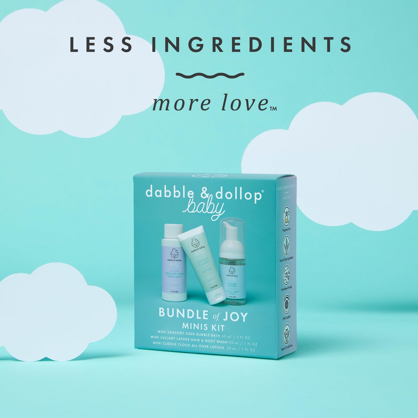 Dabble & Dollop Baby Minis Kit – Fragrance-Free, Tear-Free Shampoo & Body Wash, Bubble Bath and All Over Lotion, Travel Size Baby Toiletries or Gift Set for Newborns & Sensitive Skin