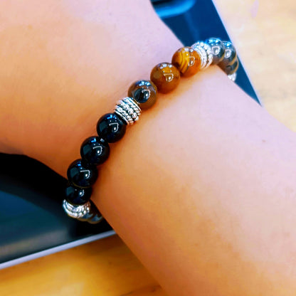 WEFRIN Triple Protection Bracelet for Bring Luck and Prosperity Hematite Black Obsidian Tiger Eye Stone Bracelets for Men Women, Beaded Buddha Healing Rope Uni Bracelet (2pcs) (B)