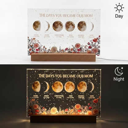 Custom Moon Phase Photo Frame with Night Light Personalized Moms Sky Moons Light Box with Kid's Name Birthdate Gift For Mother's Day Mom Grandma Anniversary Birthday (Acrylic Plaque, Moon & Flower)