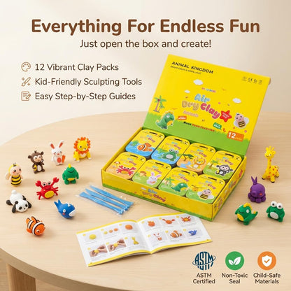 Obvio Home Air Dry Clay for Kids - 12 Animal Designs Modeling Clay Kit - Model Sculpting Set, Ultra Soft Safe & Non-Sticky | DIY Crafts, School Projects & Party Favors for Boys & Girls