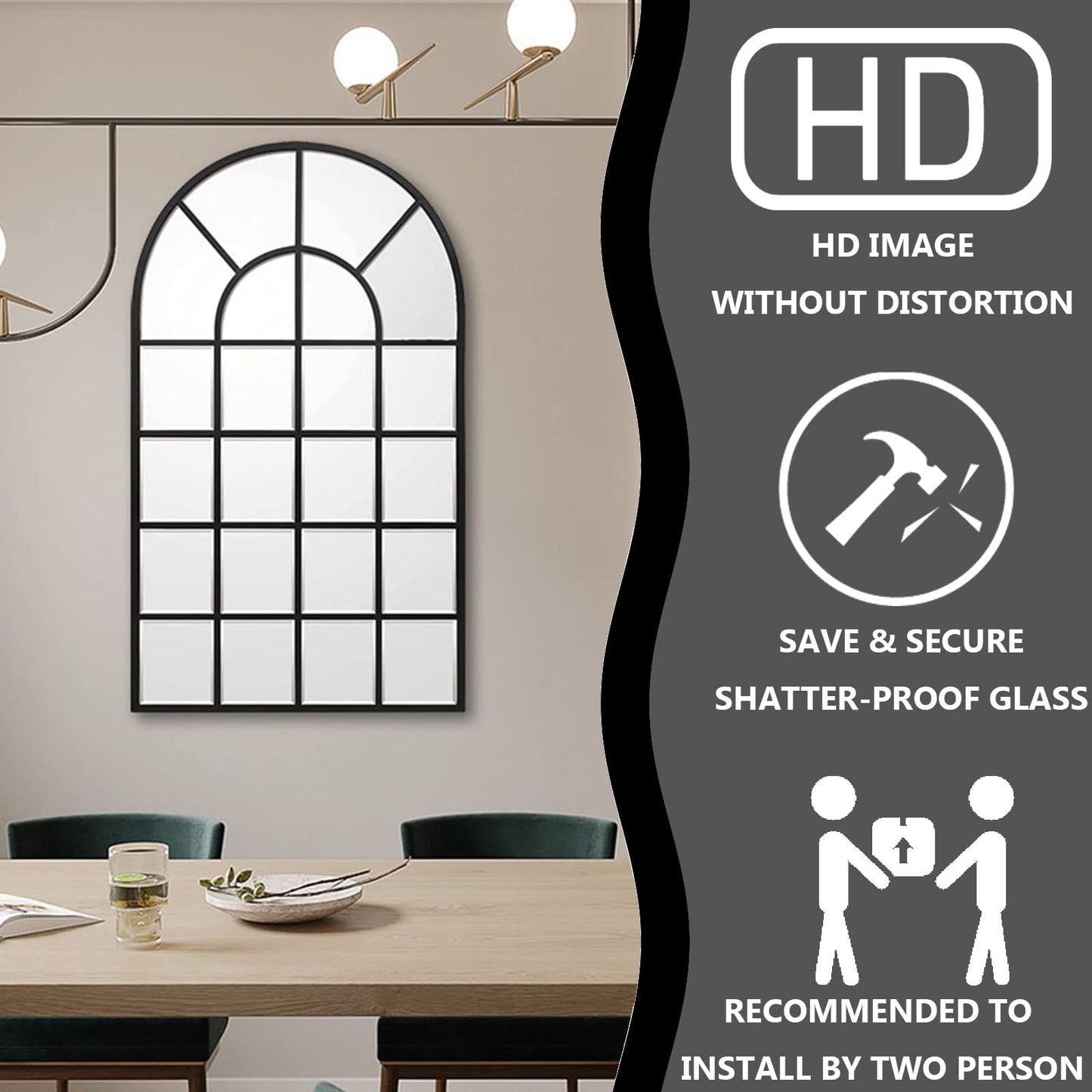 GIFTTROVE Black Arched Window Mirror, Large Window Pane Mirror with Beveled, Metal Framed Windowpane Mirrors, 28.5" X 50" Arched Wall Mirrors for Wall Decor, Entryway, Living Room