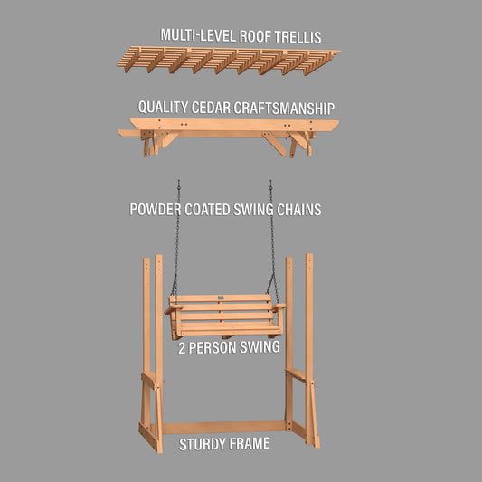 Backyard Discovery Callahan 8' x 5' Cedar Wood Outdoor Patio Pergola Swing Bench with Trellis, Two-Person Seating, Chains, Water Resistance, 600 Lb Weight Capacity for Porch, Patio, Deck, Garden