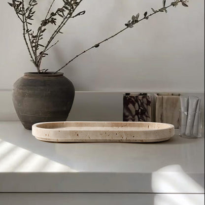 CHISELED ST DF SK Natural Travertine Oval - 10x5 Inch Bathroom and Vanity Marble Small Tray for Soap Bottle, Perfume, Aromatherapy and Jewelry Accessories - Countertop Tray with Non-Slip Raised Base