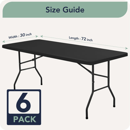 RichSets 6ft Fitted Tablecloth Rectangle - 6 Pack Polyester Table Covers with Elastic, Washable Folding Table Protector for Party Banquet Graduation, 30x72 Inch, Black