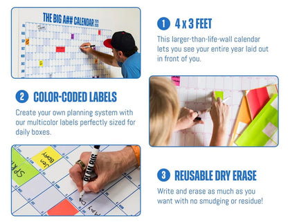 The Big A## Calendar Full-Year Wall Calendar – 2026 Dry-Erase – Includes 1 Marker & 100 Labels – Lightweight, Easy to Hang Yearly Calendar – Year at a Glance – Plan Big Goals & Adventures – Pink